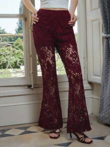 lacRébo Elegant Burgundy Floral Lace Flared Pants Vacation Outfits Going Out Pants Autumn Pants Spring Women Clothes Spring Summer - Burgundy - View 1