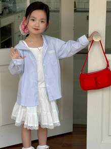 DAZY Young Girls Striped Lace Patchwork Hooded Fresh And Sweet Shirt, Summer - Blue - View 5