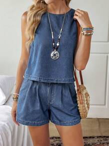 EMERY ROSE Bộ 2 món đồ denim thường ngày cổ tròn không tay mùa hè dành cho nữ và quần short xếp ly có túi - Rửa trung bình - Xem 6