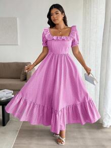 Calvaya Plus Size Women Elegant Check Pattern Square Collar Puff Sleeve Dress - Red Violet - View 3