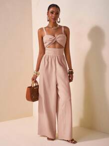 Zivah 2025新款春夏休闲度假扭纹吊带镂空后背纹理面料女长款阔腿裤卡其色婚礼季音乐节派对街头沙滩海边度假波西米亚风-A - 粉色 - 查看 4