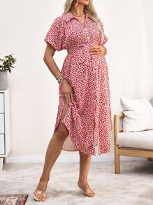 SHEIN Pregnant Women Casual Ditsy Floral Button Front Dress For Beach - Multicolor - View 4