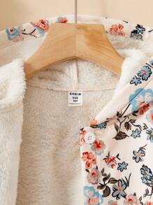 SHEIN Vintaside Kids Tween GirlsHooded Thickened Furry Retro Floral Mid-Length Jacket, Autumn/Winter Fall - Apricot - View 9