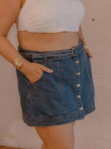 Aralina Curve 冬季/夏季腰带接缝细节纽扣前开超短牛仔裙 - 中等水洗藍 - 查看 6