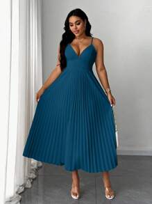 SHEIN Unity Plus Size Elegant Spaghetti Strap Ruched Open Shoulder Bowknot Dress - Blue - View 1