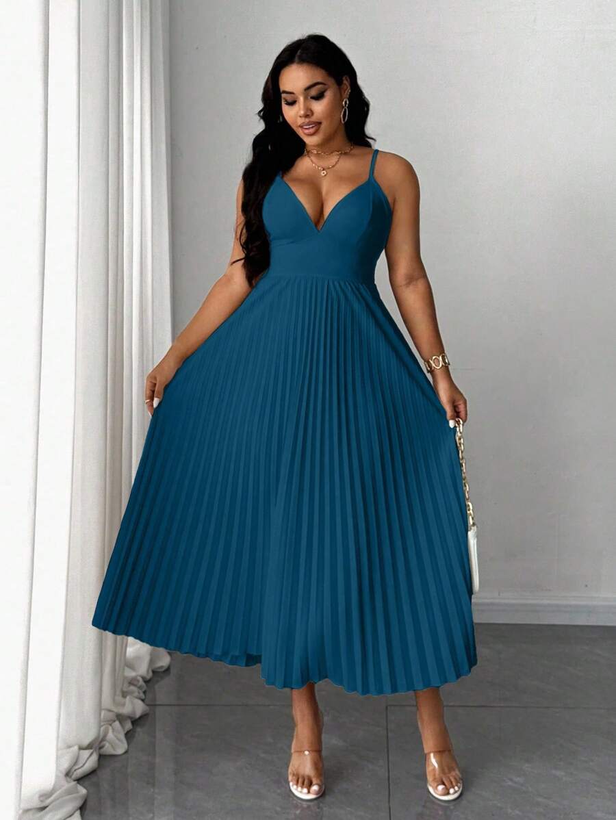 SHEIN Unity Plus Size Elegant Spaghetti Strap Ruched Open Shoulder Bowknot Dress - Blue - View 1