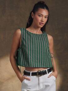 WESTFADE Spring Striped Round Neck Cute Bow Tie Sides Boxy Cropped Western Cowgirl Tank Top Summer Beach Vacation Casual Cute Nashville - Green - View 5