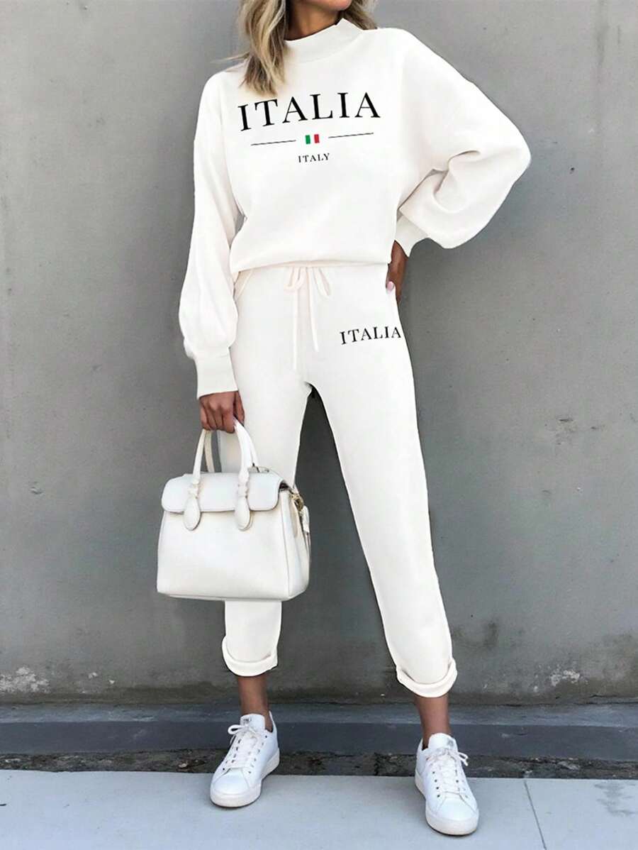 SHEIN LUNE 2pcs/Set Women's Round Neck Long Sleeve Letter Print Casual Top And Long Pants - White - View 1