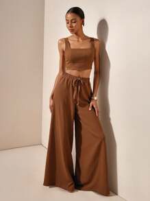 Zivah 2025 春夏新款音乐节、复活节、圣帕特里克节、西部风、游牧风、生日派对、毕业典礼、学院风、学生风、日常穿着、基础款、休闲装、度假装、邮轮装、海滩装、日光浴装、网络流行装、街头服饰、婚礼嘉宾装、波西米亚风、通勤装、早午餐装、机场装 - 深棕色人字纹吊带背心和带口袋阔腿裤 2 件套 - 棕色 - 查看 3