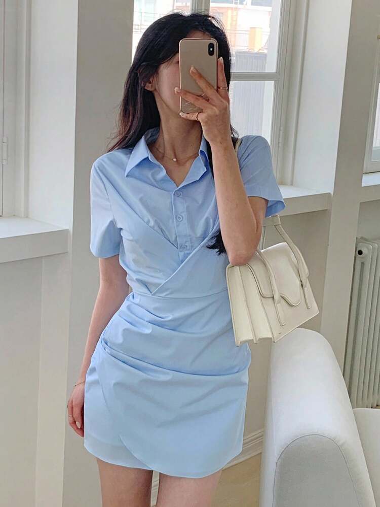 Women Waist Cinched Short Sleeve Wrap Front Bodycon Mini Dress