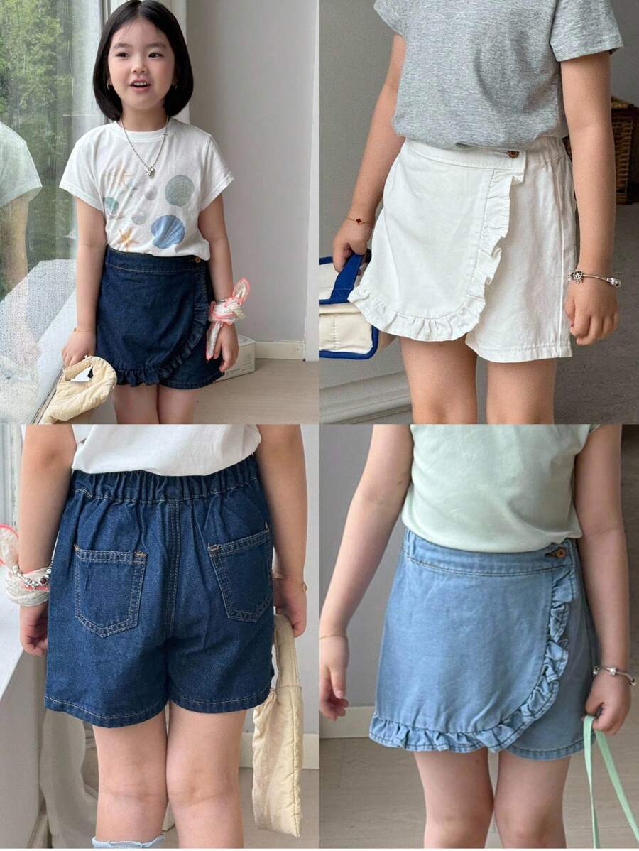 SHEIN Conjunto informal de 3 piezas para niña, de estilo sencillo y cómodo para vacaciones, que incluye una falda pantalón de tela vaquera con volantes, cintura elástica y bolsillos planos en la parte posterior - Multicolor - Ver 1
