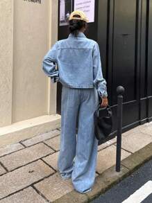 Muchica 女式夏季休闲浅蓝色水洗纽扣牛仔衬衫和牛仔裤套装 - 藍色 - 查看 2