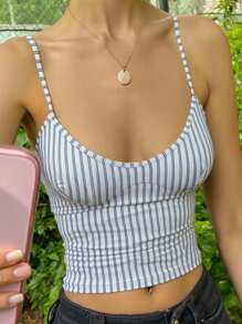 Jouncy White Stripe Print Scoop Neck Fitted Casual Vacation Sexy Women Camisole