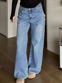 DAZY Vintage Versatile Wide Leg All-Match Straight Distressed Washed Blue Floor-Length Women Jeans