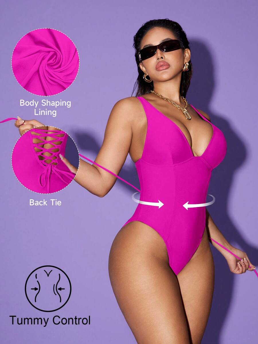 Shapewave Traje de baño de una pieza con control de abdomen, alza glúteos, cuello en V marrón terroso y paneles laterales divididos, para control de línea, elegante y minimalista, para vacaciones y playa en primavera y verano
