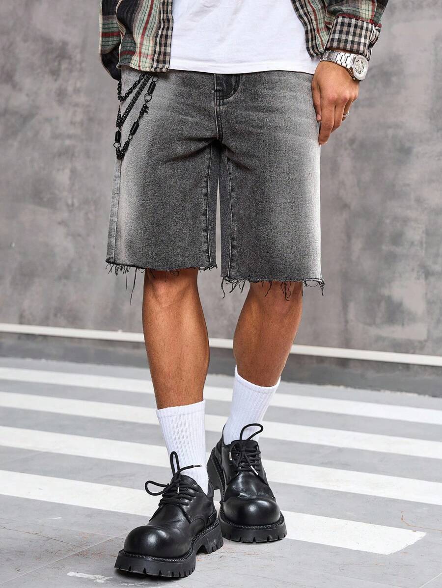 Manfinity LEGND Plus Size Men's Pocket Design Frayed Bermuda Casual Denim Shorts Grey Jean Shorts Men Men Casual Washed Denim Shorts Tropical Hang Out Street - Grey - View 1