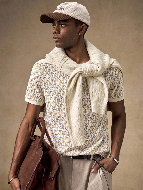 AKNOTIC Men's Casual Daily Loose Knit Short Sleeve T-Shirt Geometric Print Men Mens Knit Floral Mens Resort Wear Cream Outfit Men Mens Geometric Shirt
