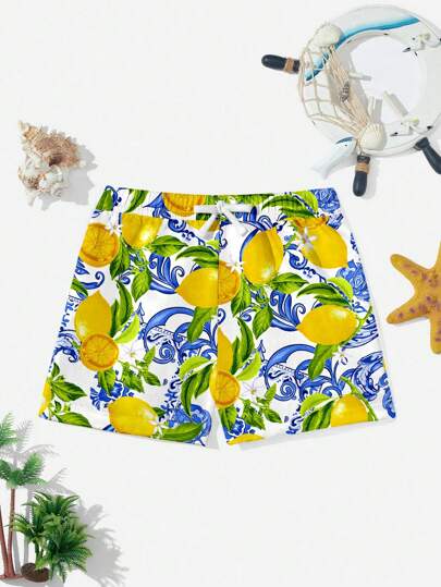SHEIN Infant/Baby Boy Casual Simple Lemon Print Loose Swim Trunks, Suitable For Summer Baby Boy Swim Trunks Boys Swim Trunks Baby Boys Beach Clothes 18 Month Old Swimsuit Boys Boys Swim Shorts