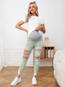 SHEIN Adjustable Waist Maternity Ripped Skinny Casual Jeans - Army Green - View 3
