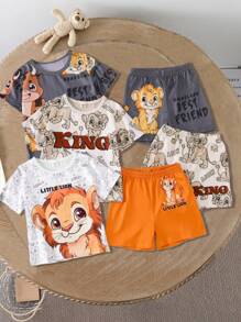 6pcs Boys Cartoon Lion & Tiger Print Short Sleeve Crew Neck T-Shirt And Shorts Casual Fashion Outfit, Suitable For Outings And School