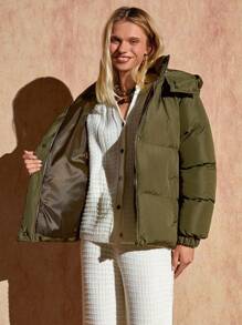 Bóhologie Manteau d'hiver kaki court, décontracté et confortable à capuche pour femmes - Beige - Voir 4
