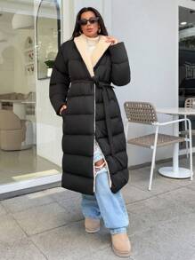 EURMUSE Abrigo de invierno acolchado con detalles de sherpa, abrigo reversible de felpa, chaqueta acolchada de oso de peluche, chaqueta acolchada de doble cara, abrigo de plumón con forro de felpa, chaqueta acolchada reversible, abrigo acolchado acogedor, chaqueta acolchada de sherpa, chaqueta con forro de felpa, abrigo reversible cálido, abrigo acolchado largo para mujer, abrigo de invierno largo para mujer, abrigo acolchado con forro de sherpa para mujer, abrigo acolchado largo para mujer, abrigo largo para mujer, abrigo acolchado largo negro para mujer - Negro - Ver 6
