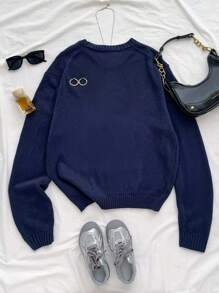 SHEIN Teenage Girl Oversized Crew Neck Casual Bear Graphic Long Sleeve Pullover Sweater In Blue, Red, White, Thermal, Fashionable Streetwear, Loose, Suitable For School, Sports, College, Vintage,In Fall/Winter