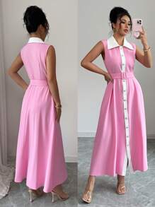 Chiquease 优雅简约腰带交叉领无袖前扣年轻女士粉色休闲连衣裙 - 粉色 - 查看 1