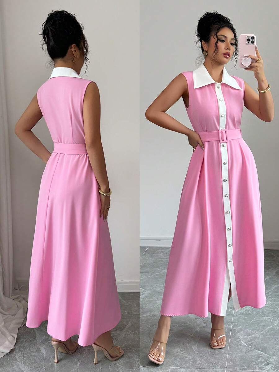 Chiquease 优雅简约腰带交叉领无袖前扣年轻女士粉色休闲连衣裙 - 粉色 - 查看 1