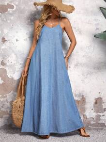 EMERY ROSE 女式休闲宽松斜口袋无袖牛仔连衣裙 - 淺色水洗藍 - 查看 5