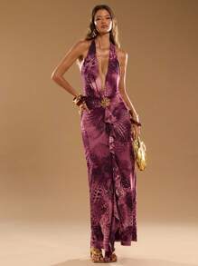 SHEIN BAE Women's Leopard Print Deep-V Metal Floral Decor Patchwork Ruffle Trim Halter Neck Dress - Red Violet - View 4