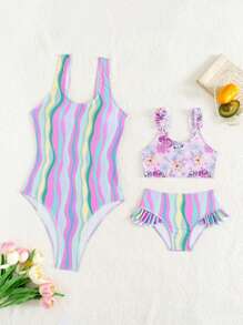 小女孩泳衣套装，荷叶边三角形下装，可爱兔子印花设计，可调节肩带，弹性面料，夏季