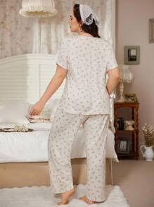 CottageSlumber CottageSlumber Cute Sweet Ditsy Floral Lace Collar & Bow Plus Size Women Short Sleeve Top And Pants Sleepwear Set, Soft And Comfortable Milk Silk Fabric, Outfits  Cozy And Elegant Details
