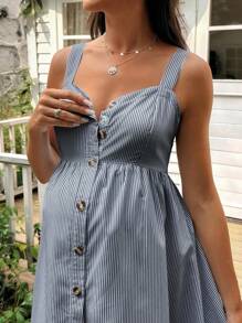 SHEIN Nursing Dress With Wide Strap, Button Front, Open Shirred, Adjustable Back Straps, Striped Maxi Dress - Navy Blue - View 4
