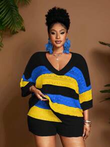 Maweii 大码女式多色V领镂空海滩度假优雅两件套