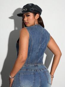 Jeanoix Plus Size Women Beaded Design Deep V-Neck Fitted Sexy Denim Vest Jacket Y2K