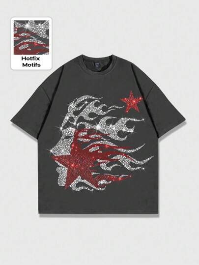 Grunge Punk Camiseta de manga corta de cuello redondo de verano para hombres con estampado de rhinestones