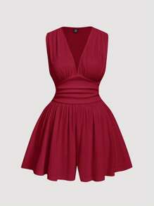 SHEIN MOD Red V-Neck Ruched Waist Short Plus Size Women Jumpsuit