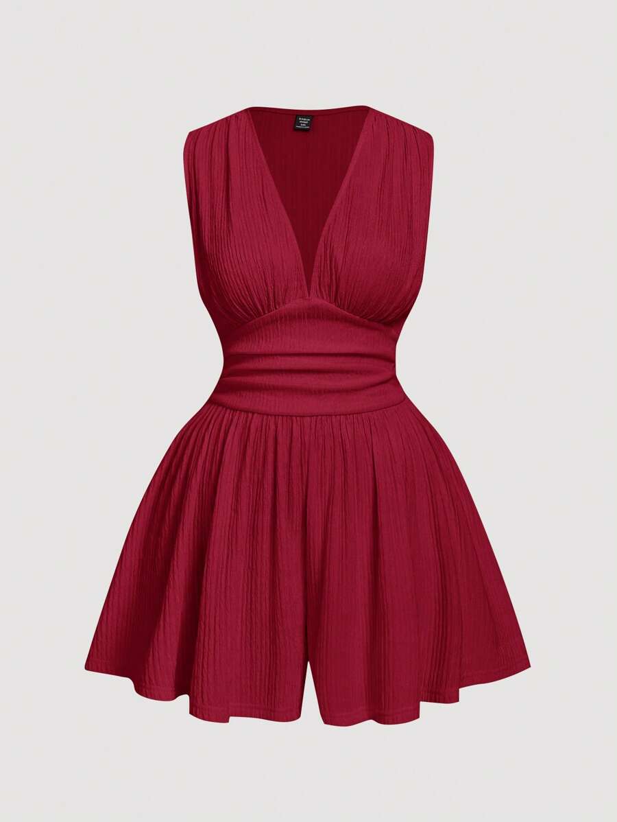 SHEIN MOD Red V-Neck Ruched Waist Short Plus Size Women Jumpsuit
