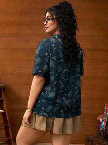 HARRY POTTER X SHEIN 大码夏季休闲动物图案纽扣短袖衬衫 - 藏蓝色 - 查看 2