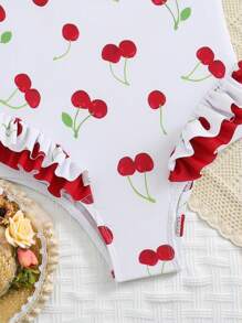 Baby Girls Swimwear/Cute Cherry Pattern/Knit Fabric/Double Bows On Shoulders, Flared Legs, No Locked Edges/Knit Fabric/One-Piece Swimsuit/Fashionable Casual Elegant Ladylike, Suitable For Swimming, Vacations, Summer Baby Cherry Swimsuit Baby Girl Cherry Swimsuit Cherry Swimsuit Baby Girl One Piece Swimsuit Girls Cherry One Piece Swimsuit - Multicolor - View 4