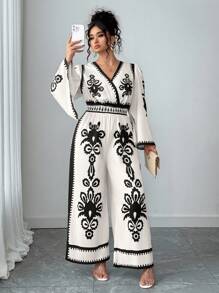 Elenzga Damen Große Größen V-Ausschnitt Langarm Jumpsuit mit Kordelzug Taille und Muster, elegante Outdoor-Bekleidung