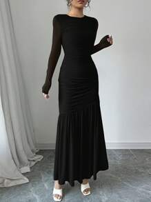 Firerie 女士网眼长袖圆领连衣裙，适合秋季、返校、教师装 - 黑色 - 查看 3