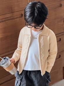 Zikori Zikori Cardigan à fermeture éclair en tricot avec motif floral torsadé pour garçons, décontracté