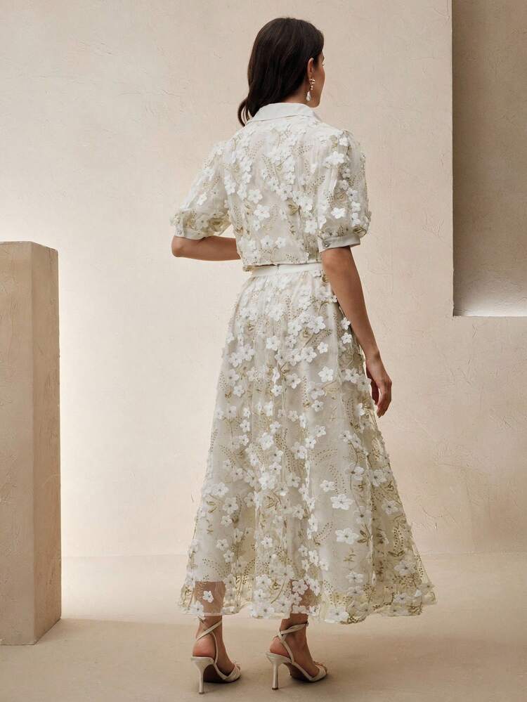 Elegant Romantic 3D Flower Bow Decor Blouse And Skirt 2 Pieces Set, Spring/Summer