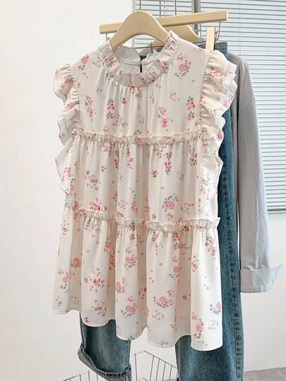 SHEIN Clasi 大码女式度假休闲荷叶边小花无袖印花衬衫，夏季休闲衬衫，花衬衫，荷叶边花无袖衬衫