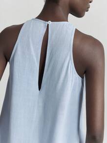 Ontre 2025新款音乐节、演唱会、乡村音乐节女士音乐活动，度假风圆领镂空无袖亚麻材质米色女式上衣，春夏日常休闲浅蓝色女式上衣，女士亚麻上衣，女士无袖上衣沙滩装，波西米亚风度假装，四季皆宜的ins明星同款度假风，异域风情，乡村演唱会，西部风服装，高档面料，舒适透气 - 藍色 - 查看 4