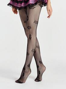 ROMWE Grunge Punk 1 Pair Sexy Cutout Lip Fishnet Stockings, Retro Hot Girl Black Opaque Tights, Ultra-Thin Flexible Sheer Pantyhose