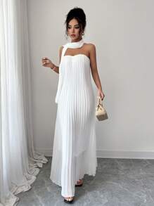 Elenzga Damen Midi-Kleid mit einfarbigem plissiertem Trägerkleid, eleganter Stil