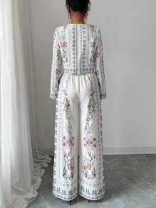 Selianne 女士花卉印花前系带长袖衬衫和裤子两件套休闲度假套装 - 杏色 - 查看 2
